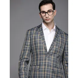 Peter England Elite Men Blue & Brown Checked Single-Breasted Slim-Fit Formal Blazer-picture-39