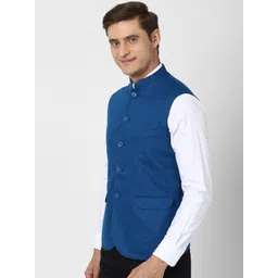 Peter England Elite Men Blue Solid Nehru Jacket image 3