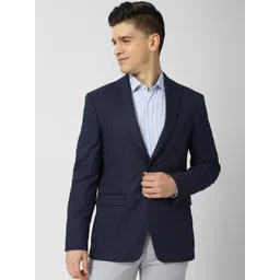 Peter England Elite Men Navy Blue Checked Single-Breasted Slim-Fit Formal Blazer-picture-37