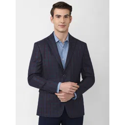 Peter England Elite Men Navy Blue Checked Slim-Fit Single-Breasted Formal Blazers-picture-43