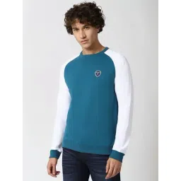 Peter England Blue & White Slim Fit Colour Block Sweatshirt-picture-40