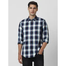 Peter England Blue Cotton Slim Fit Checks Shirt-picture-20