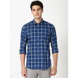 Peter England Blue Cotton Slim Fit Checks Shirt-picture-32