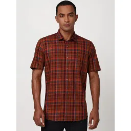 Peter England Brown Cotton Slim Fit Checks Shirt-picture-17