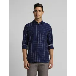 Peter England Casuals Navy Blue Cotton Slim Fit Checks Shirt-picture-35