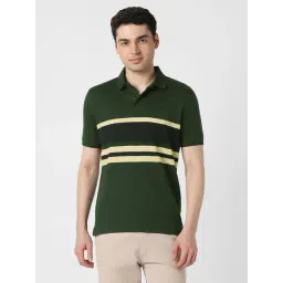 Peter England Green Cotton Regular Fit Striped Polo T-Shirt-image-17
