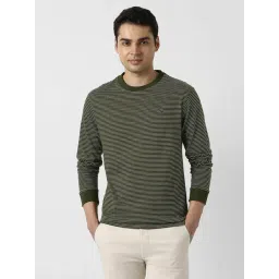 Peter England Green Cotton Regular Fit Striped T-Shirt-image-11