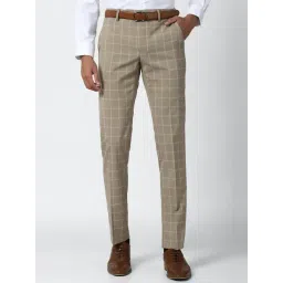 Peter England Khaki Slim Fit Checks Trousers-picture-48
