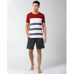 peter england Men Striped Crew-Neck T-Shirt with Shorts Set-picture-12
