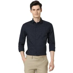 Peter England Navy Cotton Slim Fit Checks Shirt-picture-24