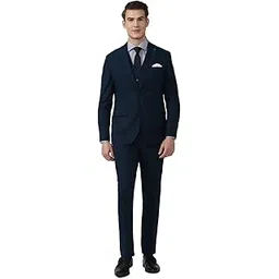 peter england Polyester Blend Men Navy Solid Slim Fit Formal Three Piece Suit Business Pants Set-picture-13