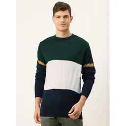 PETER ENGLAND UNIVERSITY Men Green & Navy Blue Colourblocked Pure Acrylic Pullover Sweater-picture-32