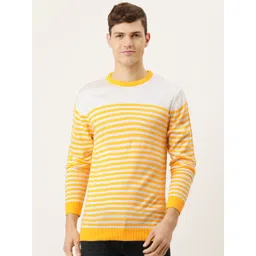 PETER ENGLAND UNIVERSITY Men Yellow & White Striped Pure Acrylic Pullover Sweater-picture-11