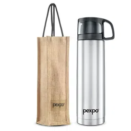 Pexpo Silver Toned & Black Triply Wall Vacuum Flask Water Bottle With Jute Bag 1 L-picture-23