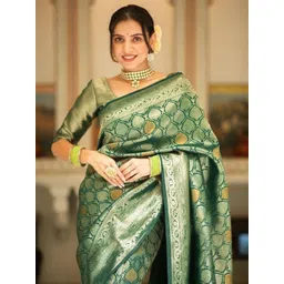 PHEASANT Ethnic Motifs Woven Design Zari Banarasi Saree image 1