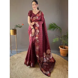 PHEASANT Floral Woven Design Jacquard Banarasi Saree With Unstitched Blouse Piece-image-4