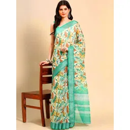 PHEASANT Printed Woven Design Pure Linen Block Print Saree-picture-28