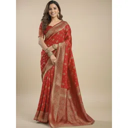 PHEASANT Woven Design Zari Silk Blend Heavy Work Banarasi Saree-image-7