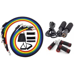 pheonix Combo Of 11pcs Resistance Bands Set With Skipping Rope And 2 Foam Hand Gripper Fitness Accessory Kit Kit-picture-20
