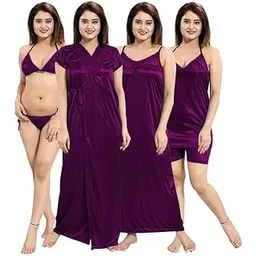 phkmall Women's Satin Nightwear Set of 6 Pcs Wrap Gown, Nighty, Top, Shorts, Bra and Panty(6p Shorts) Latest-picture-1