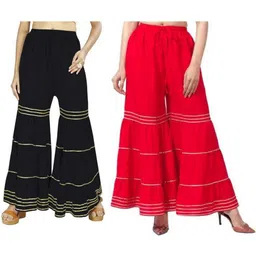pi world Pack of 2 Women Flared Black, Red Viscose Rayon Trousers-picture-42