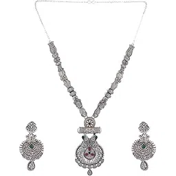 piah Fashion Long Alloy Antique (Oxidised) Silver Plated, Green & Red Stone, Designer Necklace Set For Women And Girls -8113-picture-46