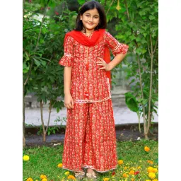 Piccolo Girls Red Three Fourth Frill Sleeves Botanical Floral Printed Kurta Sharara Set-picture-32