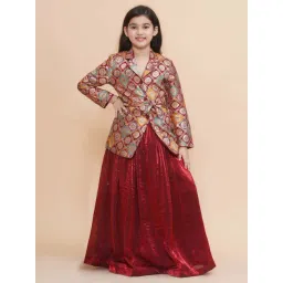 Piccolo Kids Maroon Zari Flared Blazer & Skirt-picture-29