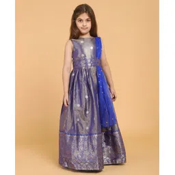 Piccolo Sleeveless Motif & Heavy Hem Floral Zari Detailing Pleated Dress With Attached Belt & Sequin Embellished Dupatta - Blue-picture-17