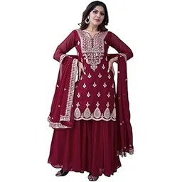 Pick me Quick Women's Georgette Embroidered Kurti with Sharara & Dupatta Set-picture-48