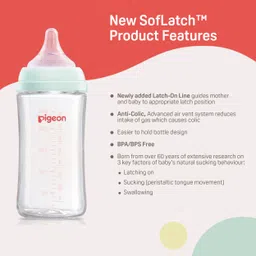 pigeon Wide Neck Glass Feeding Bottle for Babies 3 Months+ Made of Borosilicate Glass - 240 ml image 2