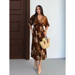 PIMU Women Floral Printed V-neck Front Slit Midi Wrap Dress-picture-34