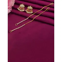 PINAAKA DARINI Gold-Plated Stone-Studded & Beaded Drop Earrings With Ear Chains-picture-33