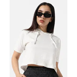 pinacolada Campus Sutra White Hooded Extended Sleeves Cotton Crop T-shirt-picture-15