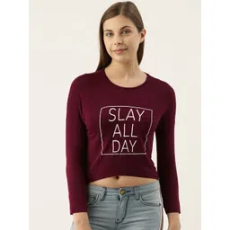 pinacolada Campus Sutra Women Burgundy & White Printed Round Neck Crop T-shirt-picture-21
