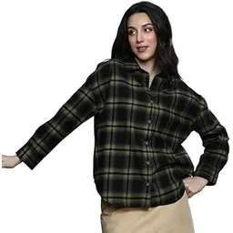 pinacolada Women's Brushed Shirt | Spread Collar, Long Button-Cuff Sleeves, Button Closure | Checks Brushed Woven Shirt for Casual Seaweed Green-picture-13