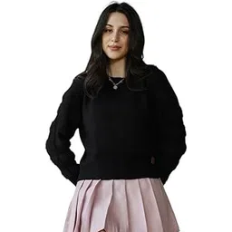 pinacolada Women's Sweater | Round Neck, Long Ribbed-Cuff Sleeves, Pull On Closure | Solid Jacquard Knitted Shirt for Casual Midnight Black-picture-24