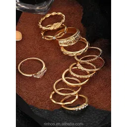 Pinapes Set Of 12 Gold-Plated Textured Stone-Studded Gold Rings-picture-34