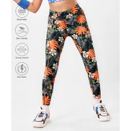 Pine Active Full Length Super Stretch Leggings with Floral Print- Black & Dark Green-picture-26