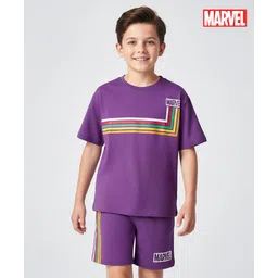 Pine Kids Marvel Single Jersey Knit Drop Shoulder Half Sleeves Oversized T-Shirt & Shorts Set With Avengers Graphics - Purple-picture-37