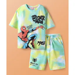Pine Kids Marvel Single Jersey Knit Half Sleeves Drop Shoulder Tie & Dye T-Shirt & Shorts Set with Spider Man Graphics - Multicolor-picture-27