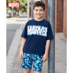 Pine Kids Marvel Single Jersey Knit Half Sleeves T-Shirt & Shorts Set with Avengers Graphics & Camouflage Print - Blue-picture-12