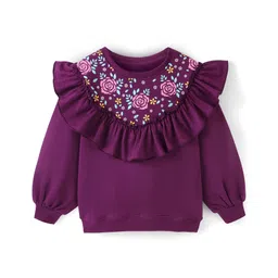 Pine Kids 100% Cotton Knit Full Sleeves Sweatshirt with Ruffle Neck Floral Print - Violet-picture-35