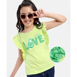 Pine Kids 100% Cotton Knit Ruffle Sleeves Top Petal Embroidery - Sunny Lime-picture-41