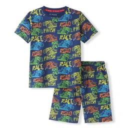 Pine Kids 100% Cotton Knit Single Jersey Half Sleeves Night Suit With Text Print - Navy Blue-picture-30