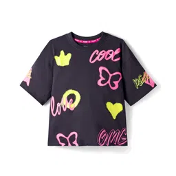 Pine Kids Cotton Knit Drop Shoulder Half Sleeves T-Shirt With Cool Text Print - Black-picture-25