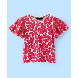 Pine Kids Cotton Knit Flutter Sleeves Top with Floral Design - Dark Pink-picture-21
