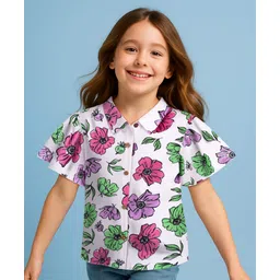 Pine Kids Cotton Knit Flutter Sleeves Top with Floral Print - White-picture-15