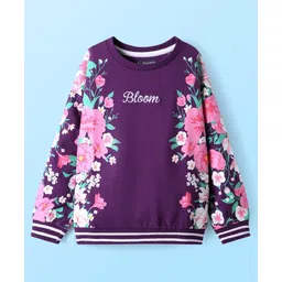 Pine Kids Cotton Knit Full Drop Shoulder Sleeves Sweatshirt with Floral Print - Purple-image-6