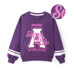 Pine Kids Cotton Knit Full Drop Shoulder Sleeves Sweatshirt with Text Print - Purple-image-1